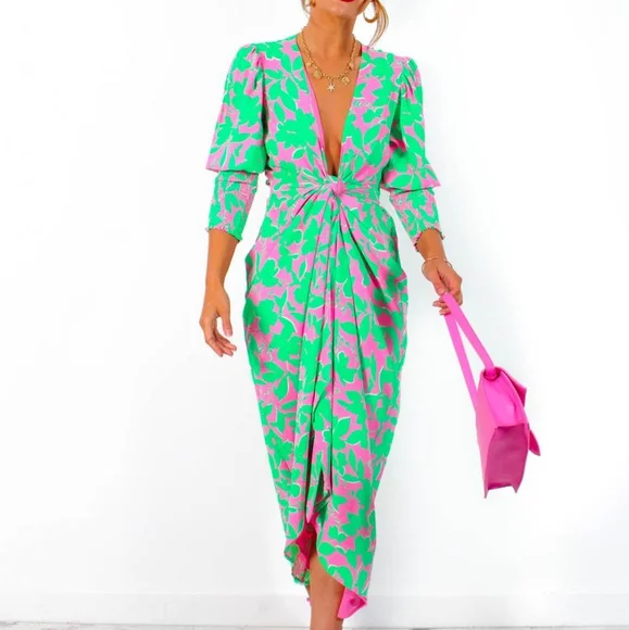 green and pink wrap dress Asuka Wrap Dress (Pink/Green) UsTrendy